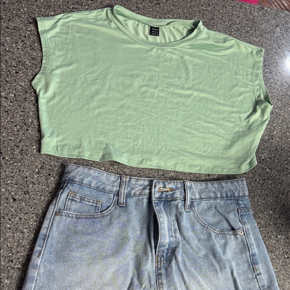 SHEIN Mint Green Crop Top and denham skirt